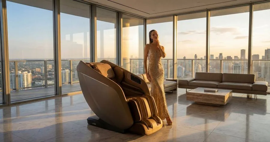 Lixo LI5333 massage chair in luxury penthouse with city skyline view